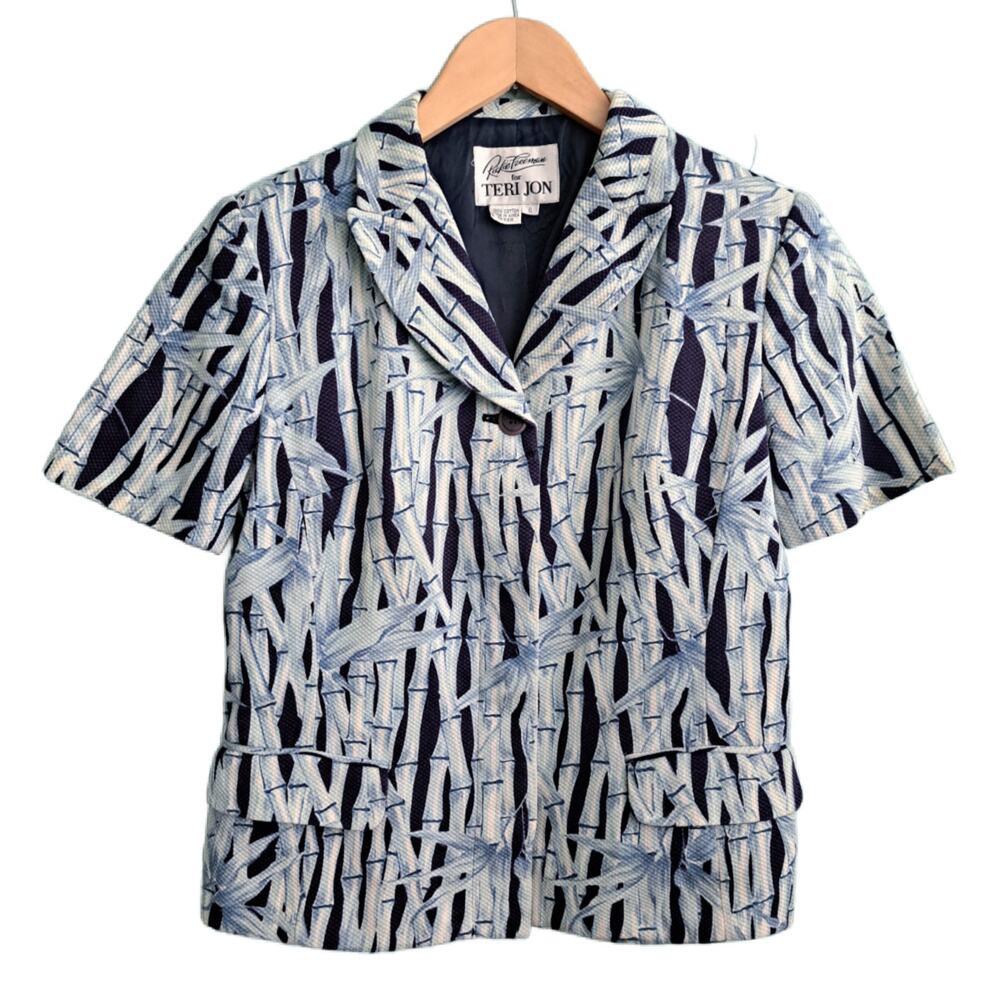 Vintage Rickie Freeman Teri Jon Bamboo Print Blazer Jacket Blue 6 Short Sleeve